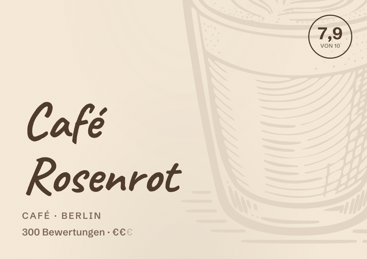 Illustriertes Poster von Café Rosenrot, Café in Berlin: Bewertung 7,9 von 10 aus 300 Bewertungen, Preisniveau €€