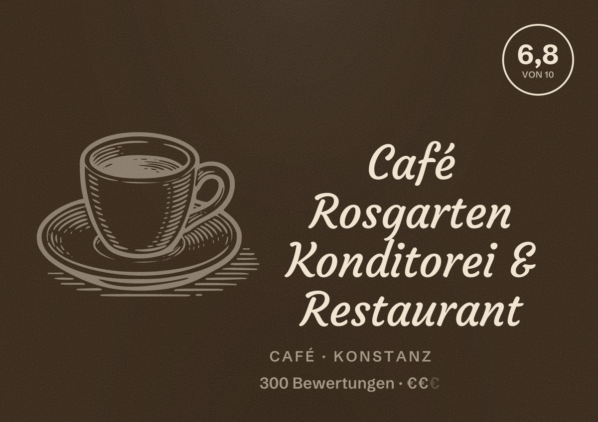 Illustriertes Poster von Café Rosgarten Konditorei & Restaurant, Café in Konstanz: Bewertung 6,8 von 10 aus 300 Bewertungen, Preisniveau €€