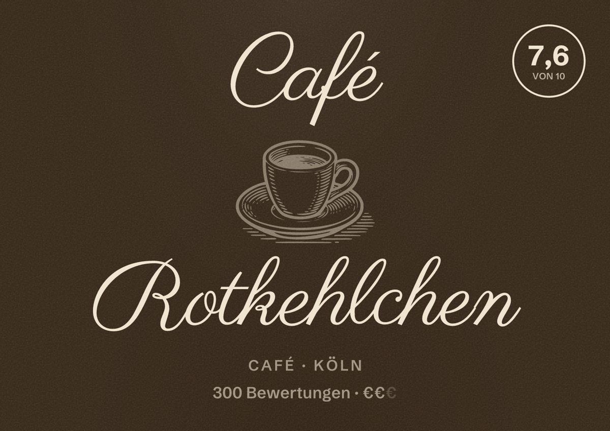 Illustriertes Poster von Café Rotkehlchen, Café in Köln: Bewertung 7,6 von 10 aus 300 Bewertungen, Preisniveau €€