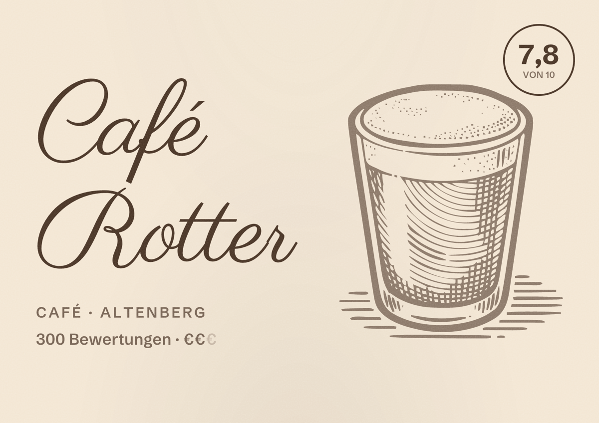 Illustriertes Poster von Café Rotter, Café in Altenberg: Bewertung 7,8 von 10 aus 300 Bewertungen, Preisniveau €€