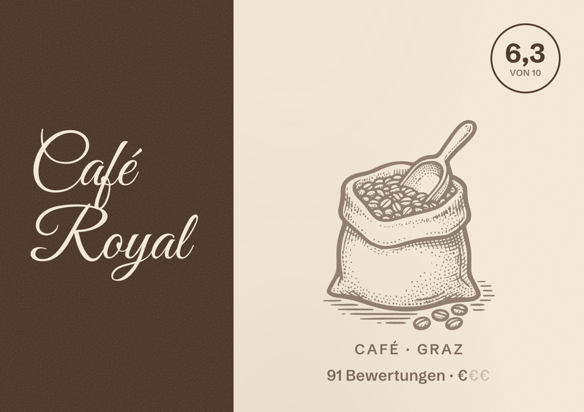 Illustriertes Poster von Café Royal, Café in Graz: Bewertung 6,3 von 10 aus 91 Bewertungen, Preisniveau €