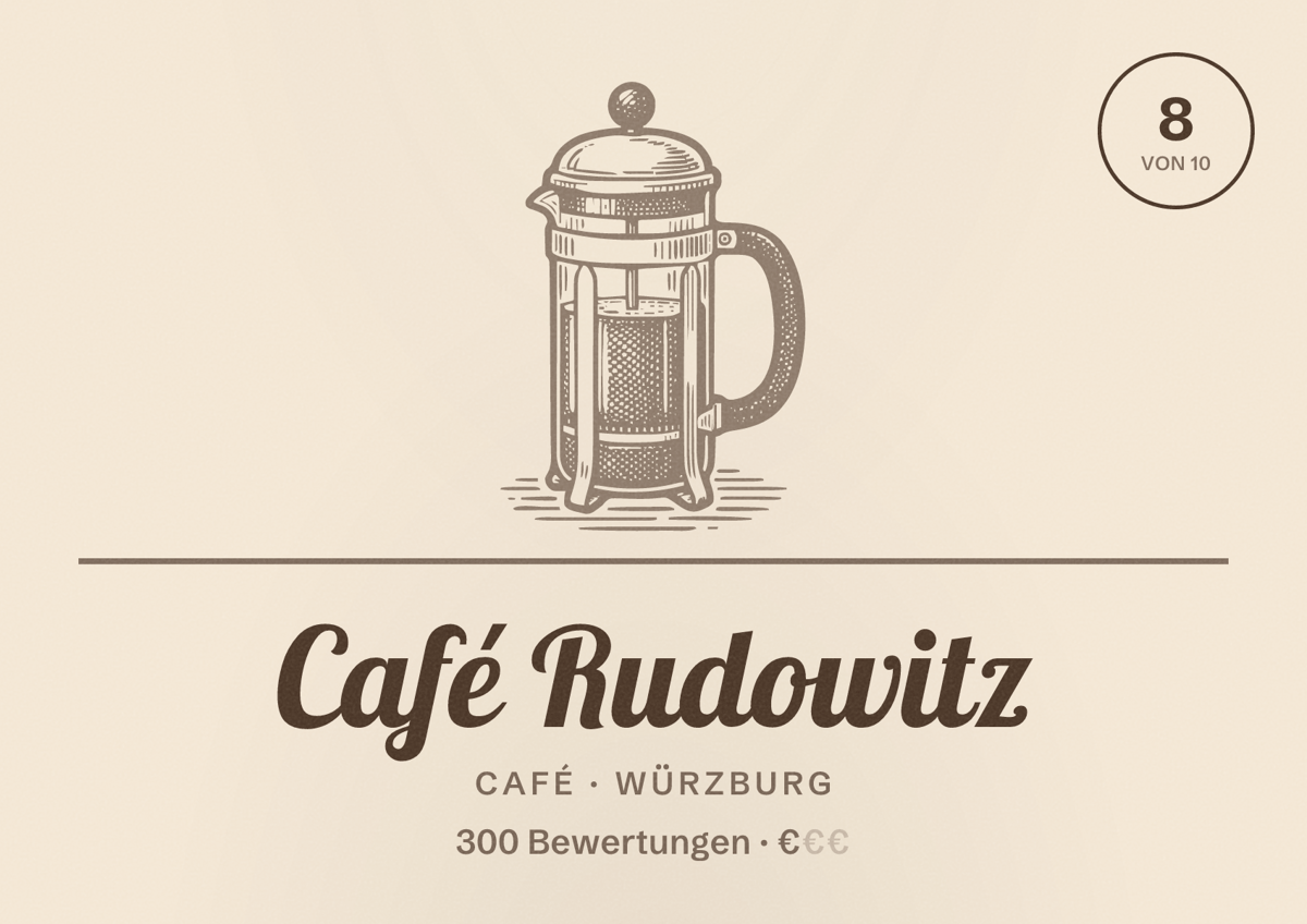 Illustriertes Poster von Café Rudowitz, Café in Würzburg: Bewertung 8 von 10 aus 300 Bewertungen, Preisniveau €