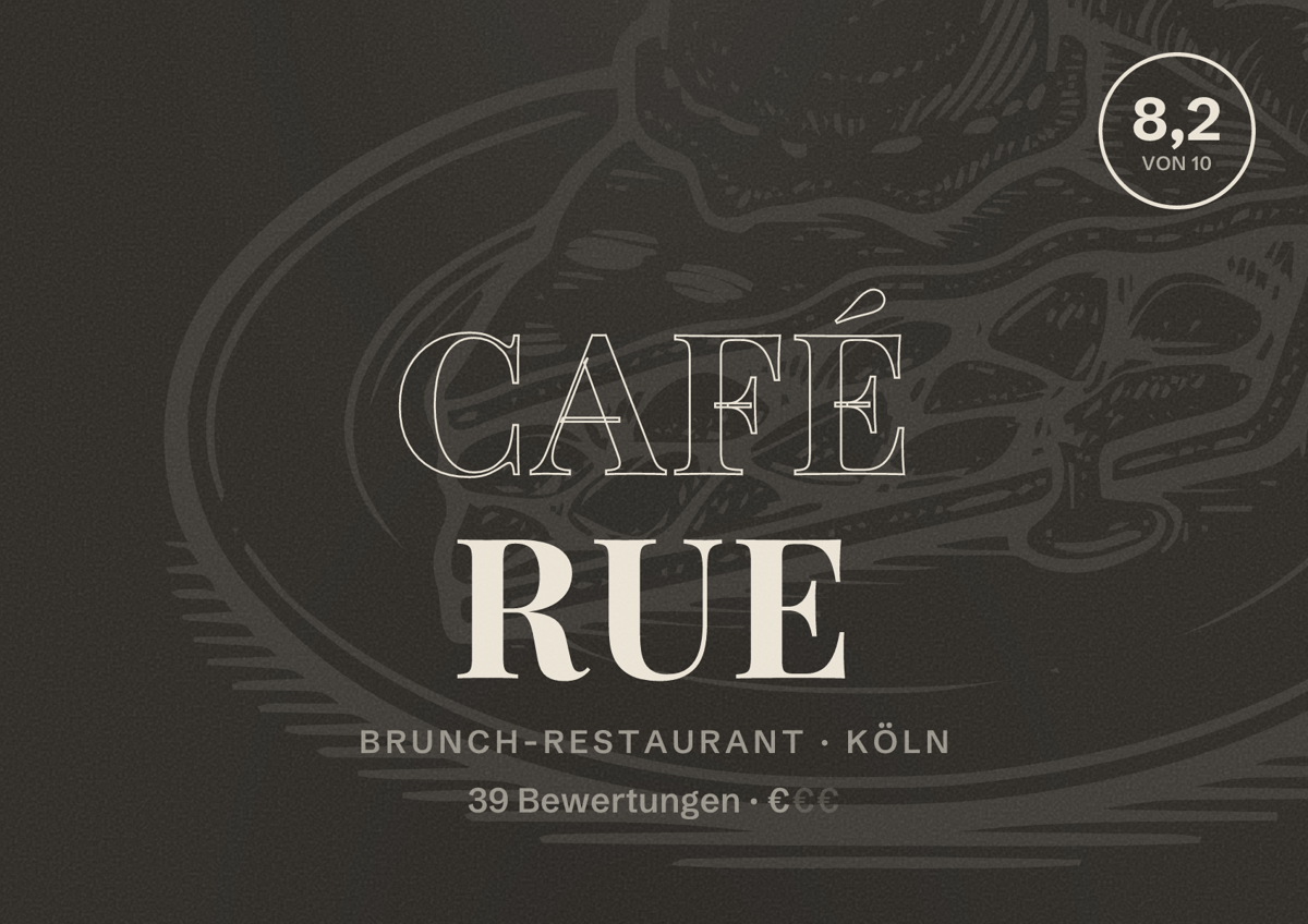 Illustriertes Poster von Café Rue, Brunch-Restaurant in Köln: Bewertung 8,2 von 10 aus 39 Bewertungen, Preisniveau €
