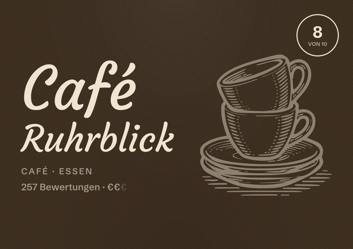 Illustriertes Poster von Café Ruhrblick, Café in Essen: Bewertung 8 von 10 aus 257 Bewertungen, Preisniveau €€