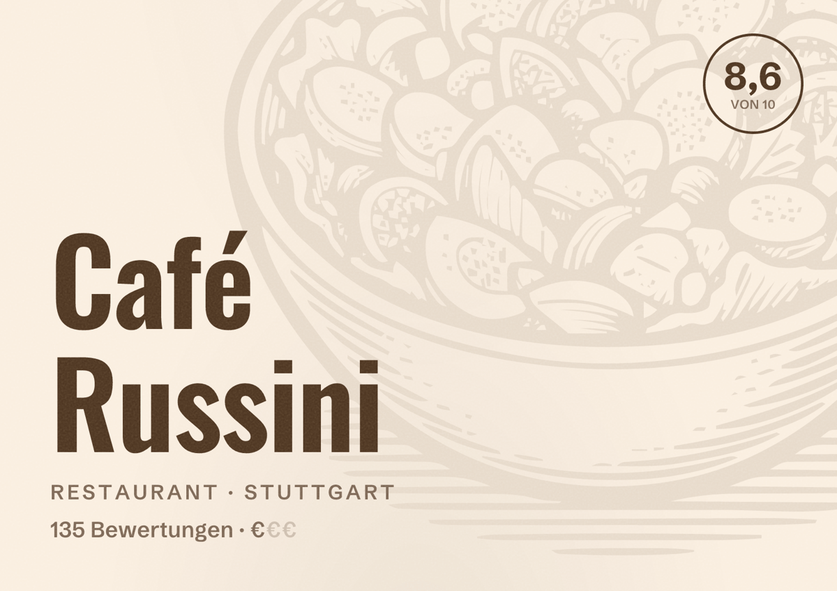 Illustriertes Poster von Café Russini, Restaurant in Stuttgart: Bewertung 8,6 von 10 aus 135 Bewertungen, Preisniveau €