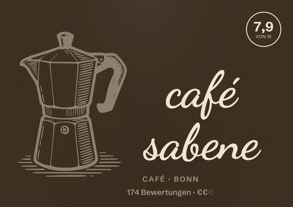 Illustriertes Poster von café sabene, Café in Bonn: Bewertung 7,9 von 10 aus 174 Bewertungen, Preisniveau €€