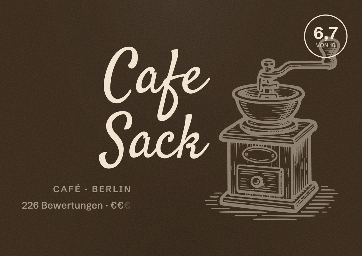Illustriertes Poster von Cafe Sack, Café in Berlin: Bewertung 6,7 von 10 aus 226 Bewertungen, Preisniveau €€