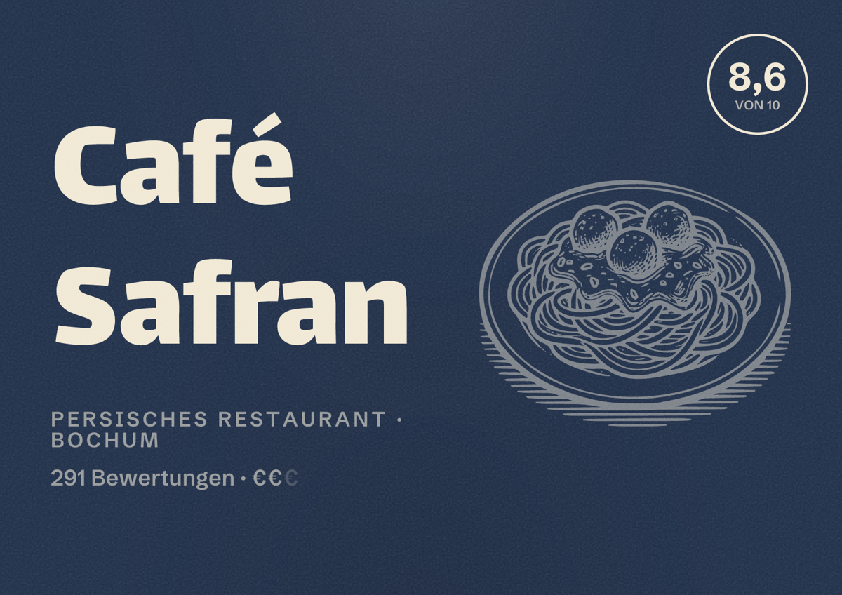 Illustriertes Poster von Café Safran, Persisches Restaurant in Bochum: Bewertung 8,6 von 10 aus 291 Bewertungen, Preisniveau €€