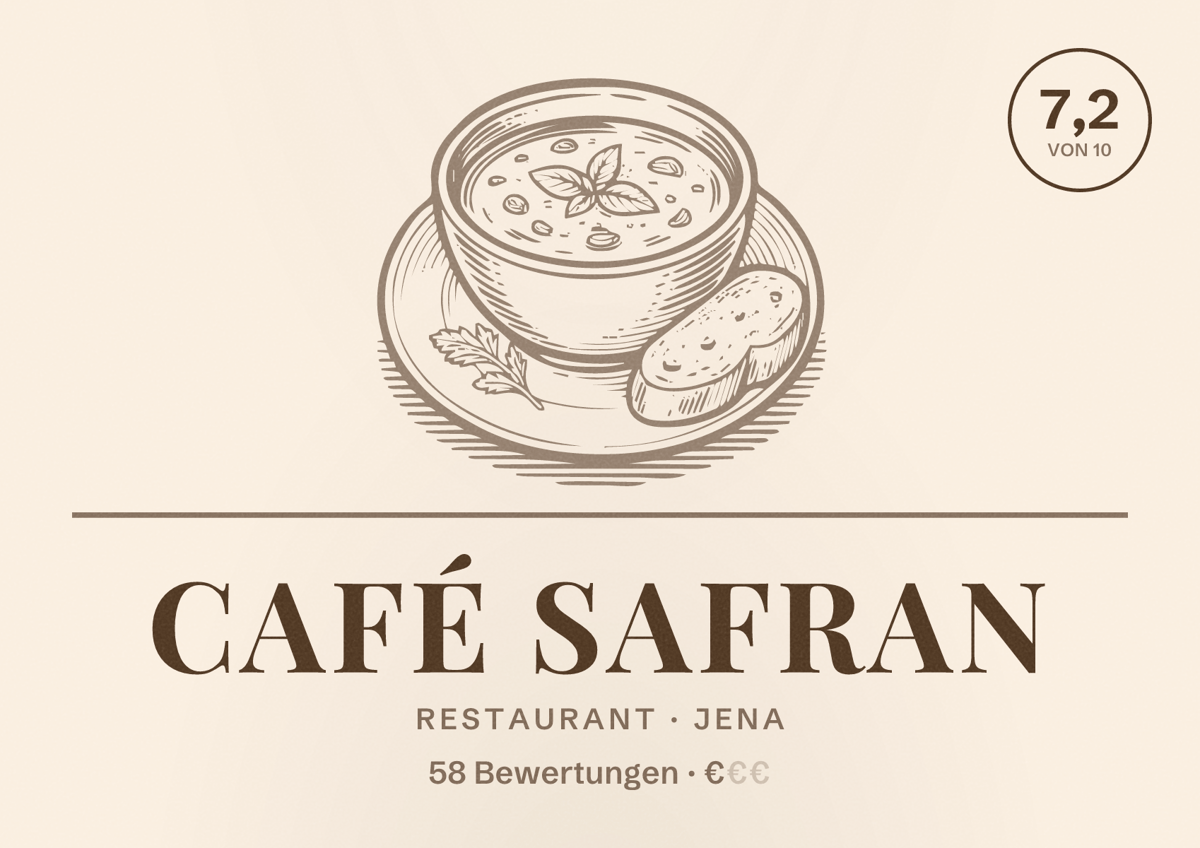 Illustriertes Poster von Café Safran, Restaurant in Jena: Bewertung 7,2 von 10 aus 58 Bewertungen, Preisniveau €