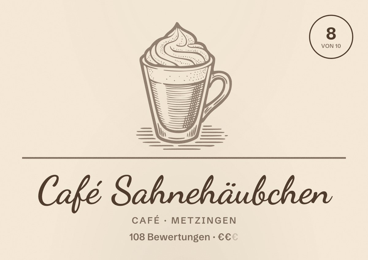 Illustriertes Poster von Café Sahnehäubchen, Café in Metzingen: Bewertung 8 von 10 aus 108 Bewertungen, Preisniveau €€