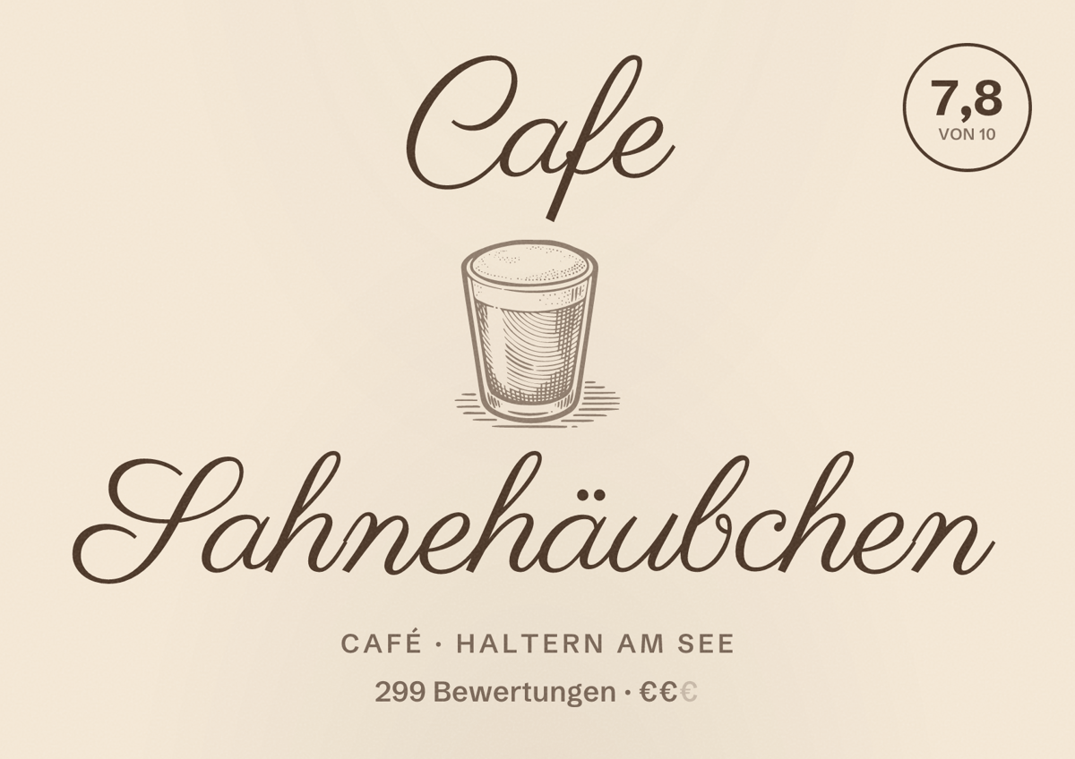 Illustriertes Poster von Cafe Sahnehäubchen, Café in Haltern am See: Bewertung 7,8 von 10 aus 299 Bewertungen, Preisniveau €€