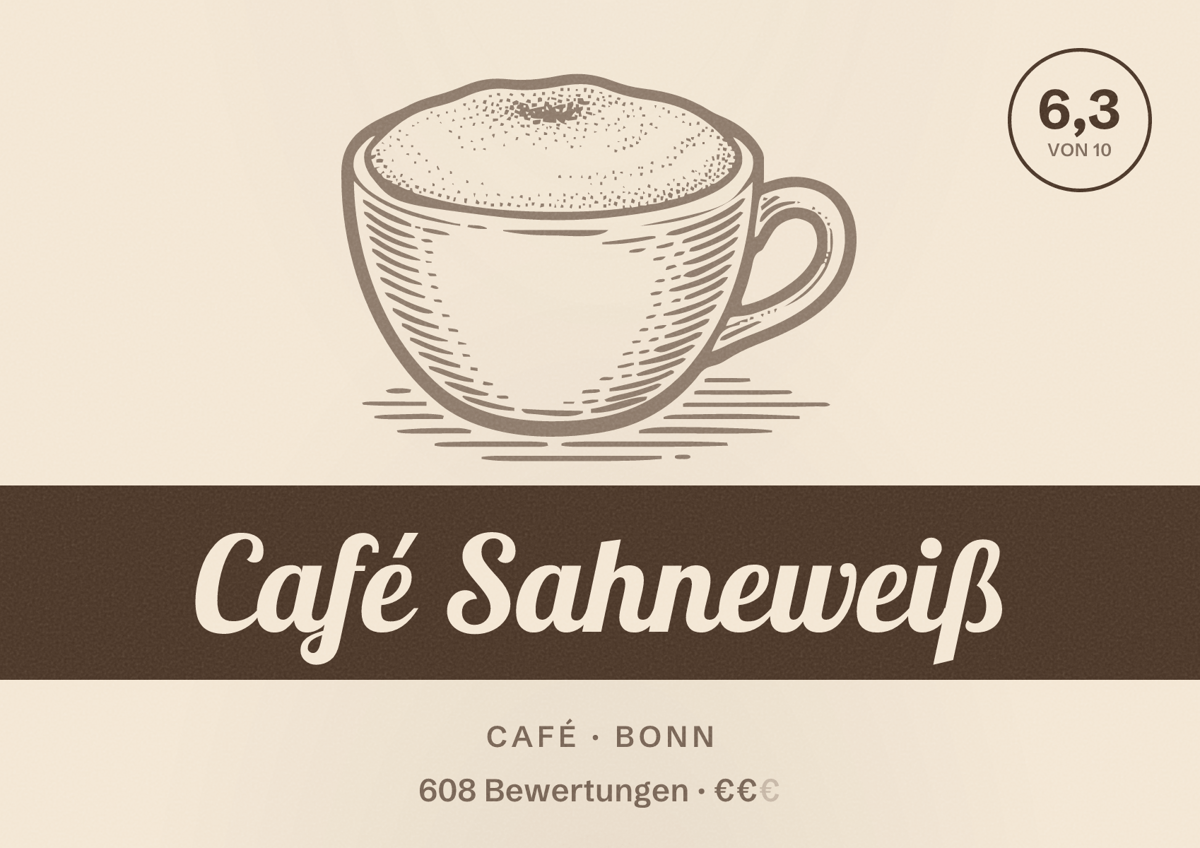 Illustriertes Poster von Café Sahneweiß, Café in Bonn: Bewertung 6,3 von 10 aus 608 Bewertungen, Preisniveau €€