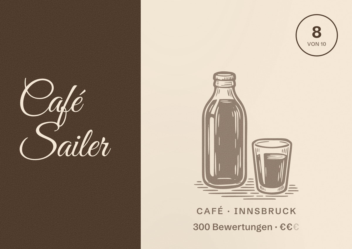 Illustriertes Poster von Café Sailer, Café in Innsbruck: Bewertung 8 von 10 aus 300 Bewertungen, Preisniveau €€
