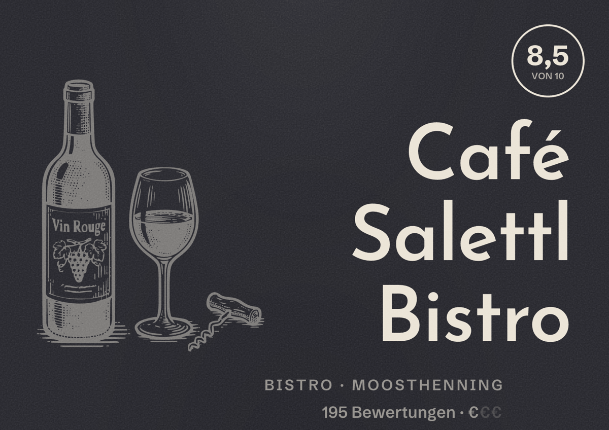 Illustriertes Poster von Café Salettl Bistro, Bistro in Moosthenning: Bewertung 8,5 von 10 aus 195 Bewertungen, Preisniveau €
