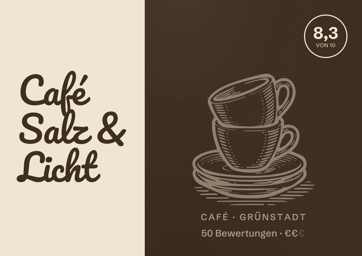 Illustriertes Poster von Café Salz & Licht, Café in Grünstadt: Bewertung 8,3 von 10 aus 50 Bewertungen, Preisniveau €€