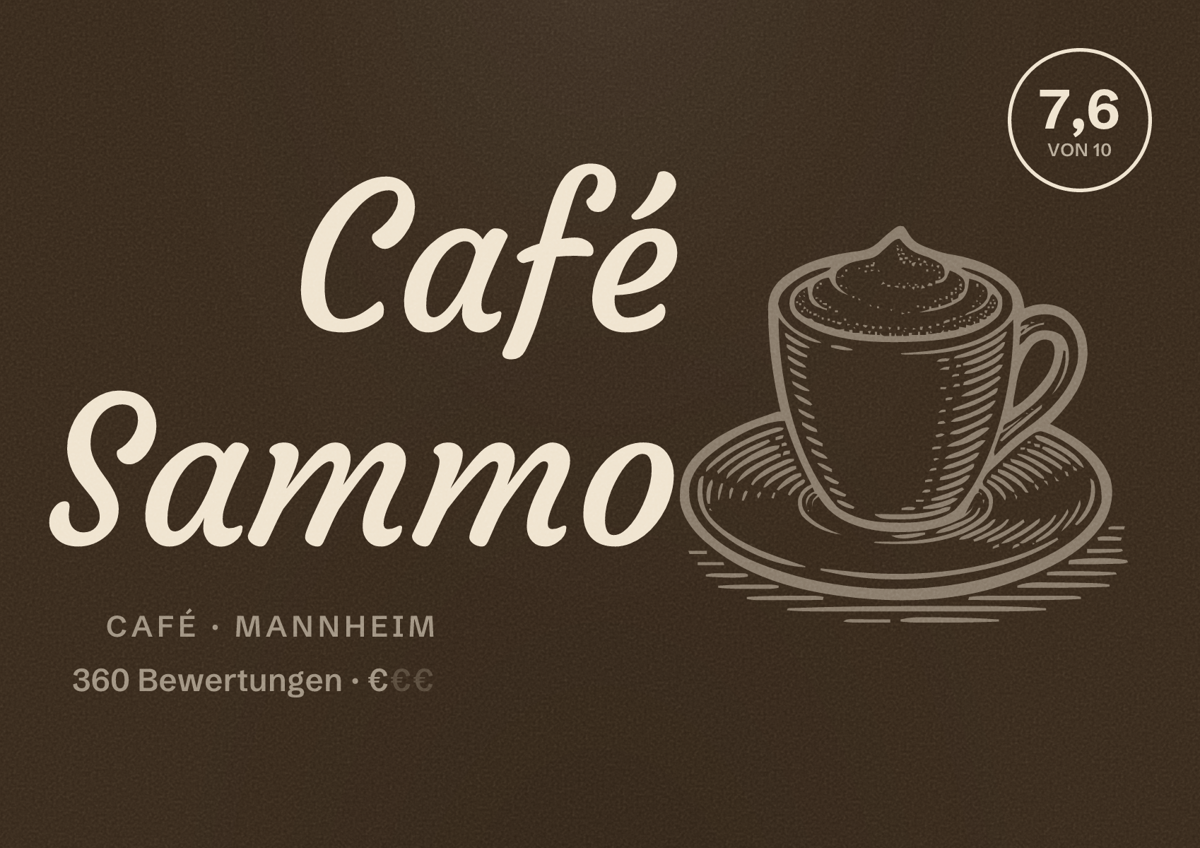 Illustriertes Poster von Café Sammo, Café in Mannheim: Bewertung 7,6 von 10 aus 360 Bewertungen, Preisniveau €