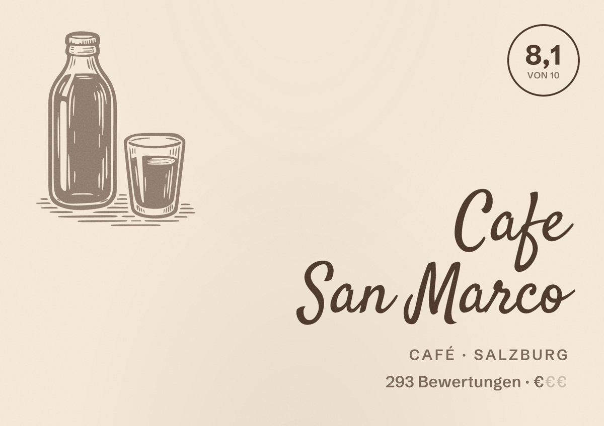 Illustriertes Poster von Cafe San Marco, Café in Salzburg: Bewertung 8,1 von 10 aus 293 Bewertungen, Preisniveau €
