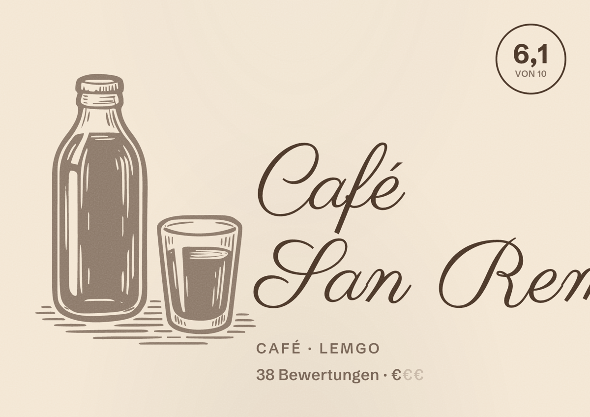 Illustriertes Poster von Café San Remo, Café in Lemgo: Bewertung 6,1 von 10 aus 38 Bewertungen, Preisniveau €