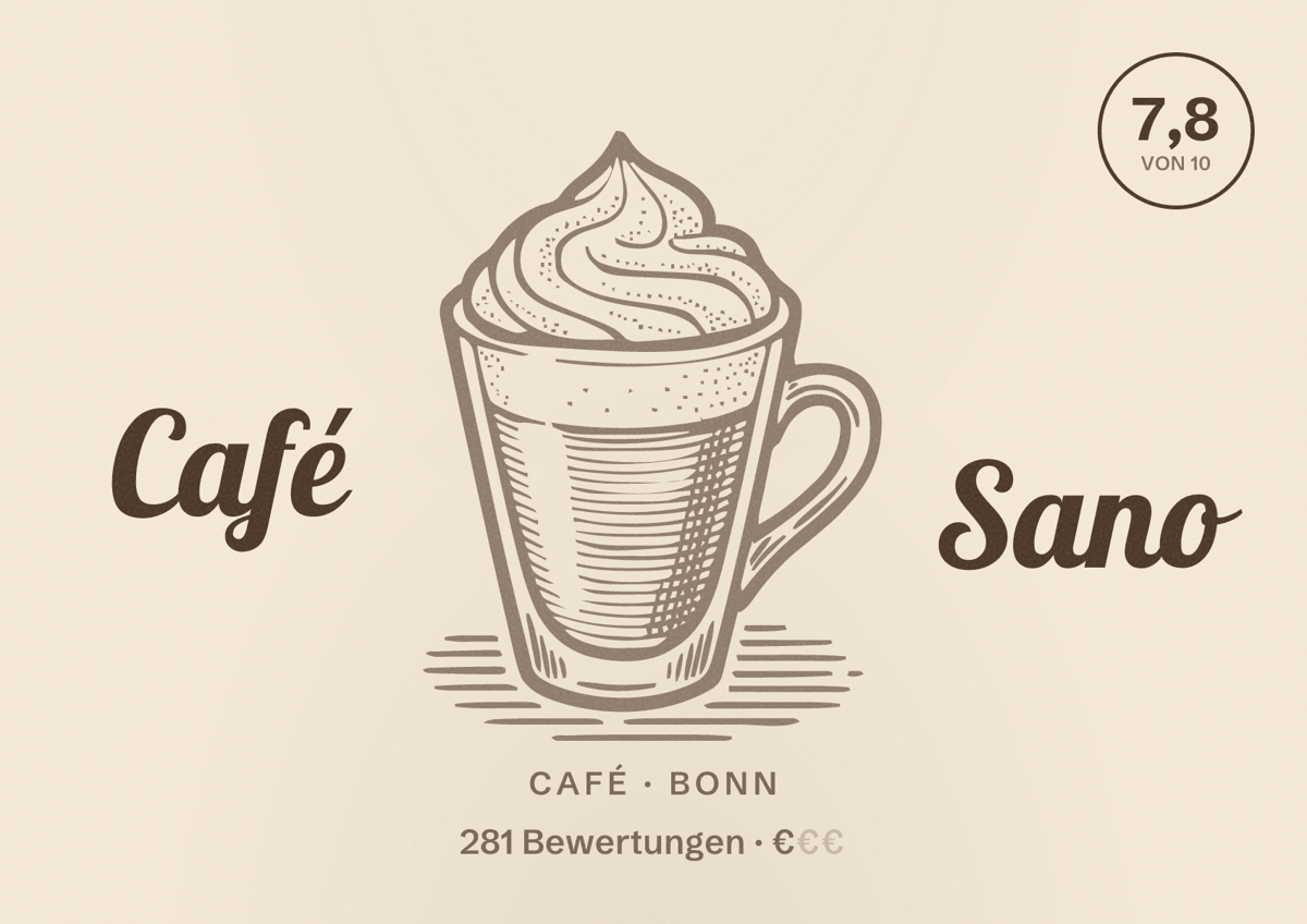 Illustriertes Poster von Café Sano, Café in Bonn: Bewertung 7,8 von 10 aus 281 Bewertungen, Preisniveau €