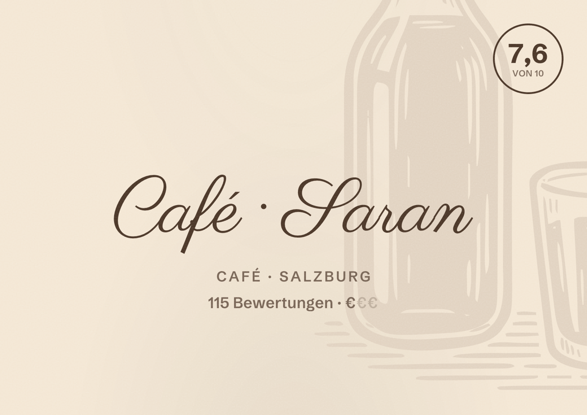 Illustriertes Poster von Café Saran, Café in Salzburg: Bewertung 7,6 von 10 aus 115 Bewertungen, Preisniveau €