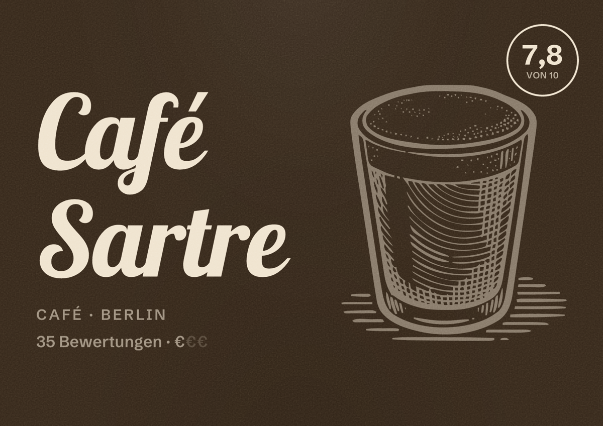 Illustriertes Poster von Café Sartre, Café in Berlin: Bewertung 7,8 von 10 aus 35 Bewertungen, Preisniveau €