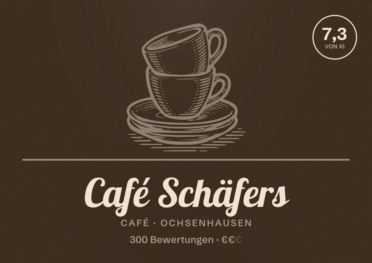 Illustriertes Poster von Café Schäfers, Café in Ochsenhausen: Bewertung 7,3 von 10 aus 300 Bewertungen, Preisniveau €€