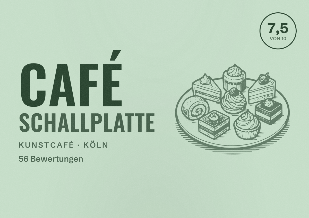 Illustriertes Poster von Café Schallplatte, Kunstcafé in Köln: Bewertung 7,5 von 10 aus 56 Bewertungen
