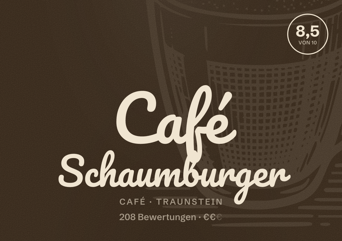 Illustriertes Poster von Café Schaumburger, Café in Traunstein: Bewertung 8,5 von 10 aus 208 Bewertungen, Preisniveau €€