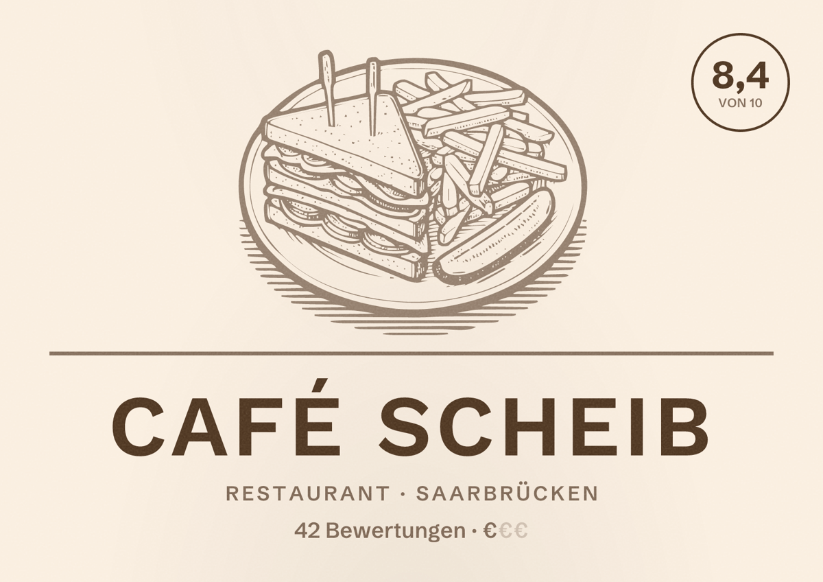 Illustriertes Poster von Café Scheib, Restaurant in Saarbrücken: Bewertung 8,4 von 10 aus 42 Bewertungen, Preisniveau €
