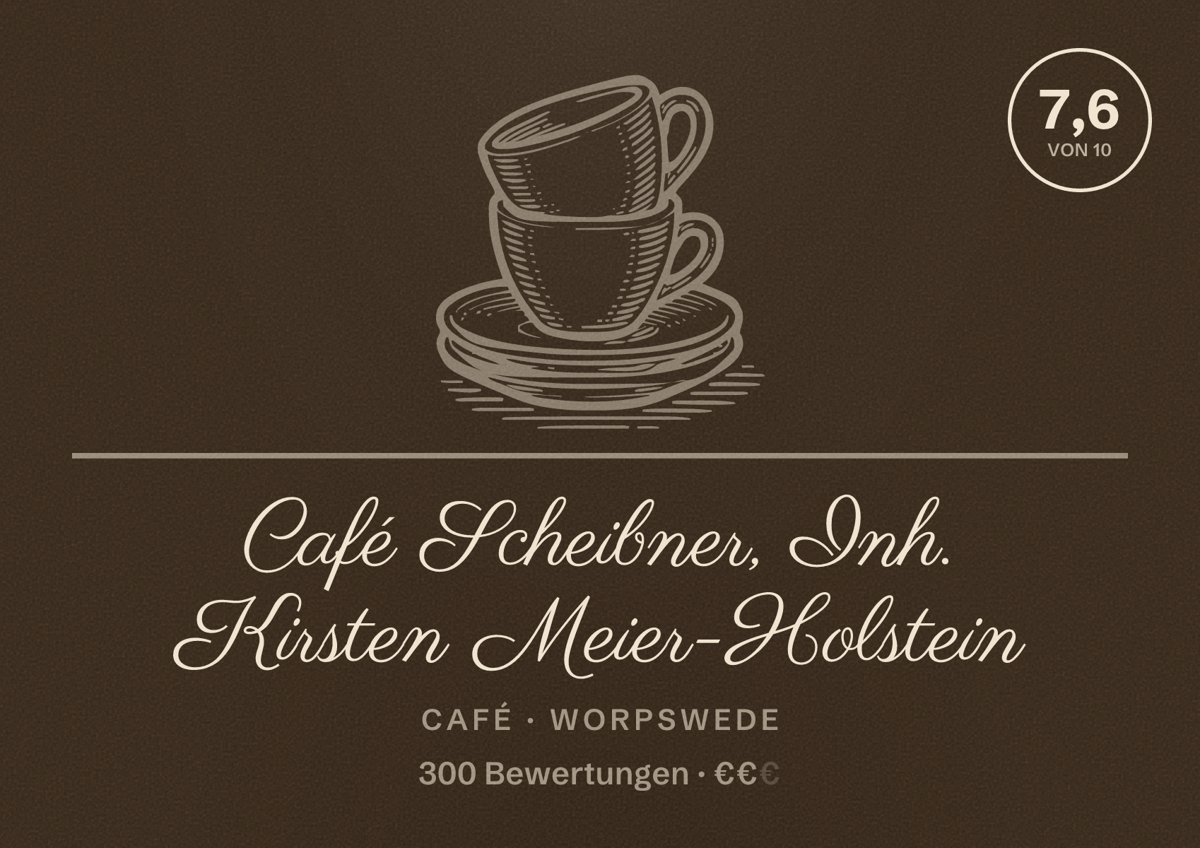 Illustriertes Poster von Café Scheibner, Inh. Kirsten Meier-Holstein, Café in Worpswede: Bewertung 7,6 von 10 aus 300 Bewertungen, Preisniveau €€