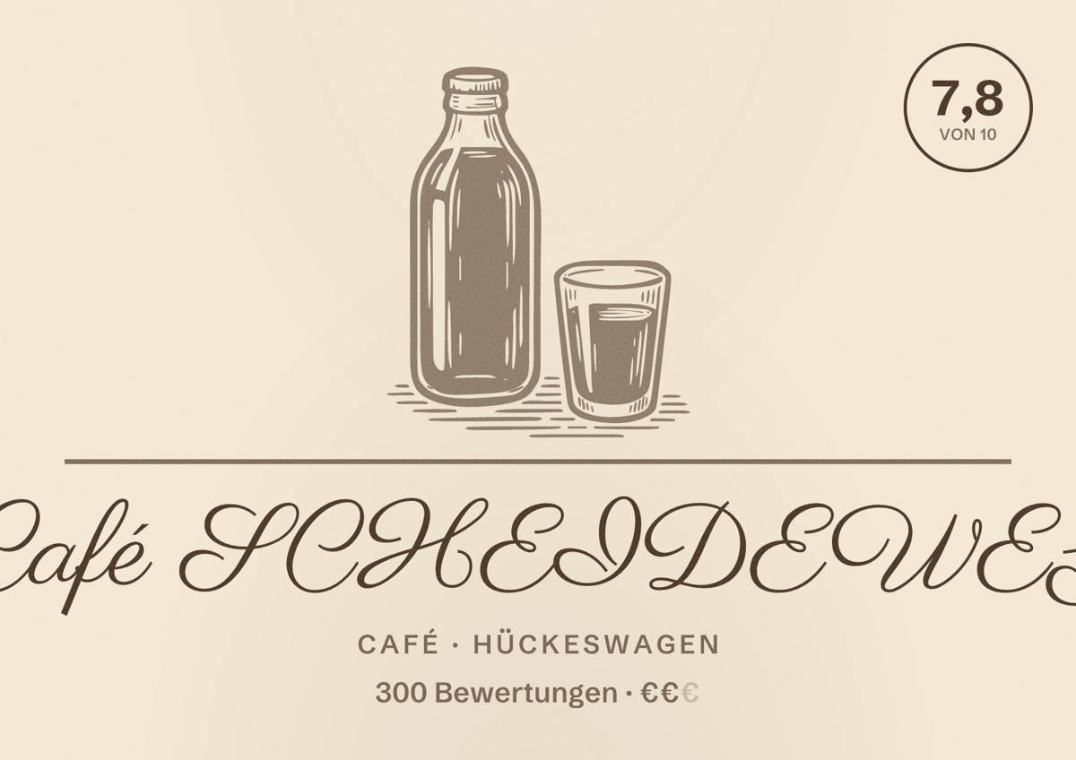 Illustriertes Poster von Café SCHEIDEWEG, Café in Hückeswagen: Bewertung 7,8 von 10 aus 300 Bewertungen, Preisniveau €€