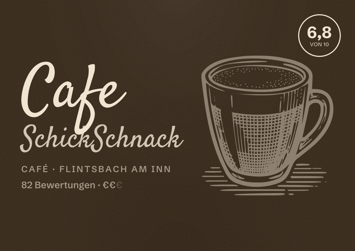 Illustriertes Poster von Cafe SchickSchnack, Café in Flintsbach am Inn: Bewertung 6,8 von 10 aus 82 Bewertungen, Preisniveau €€