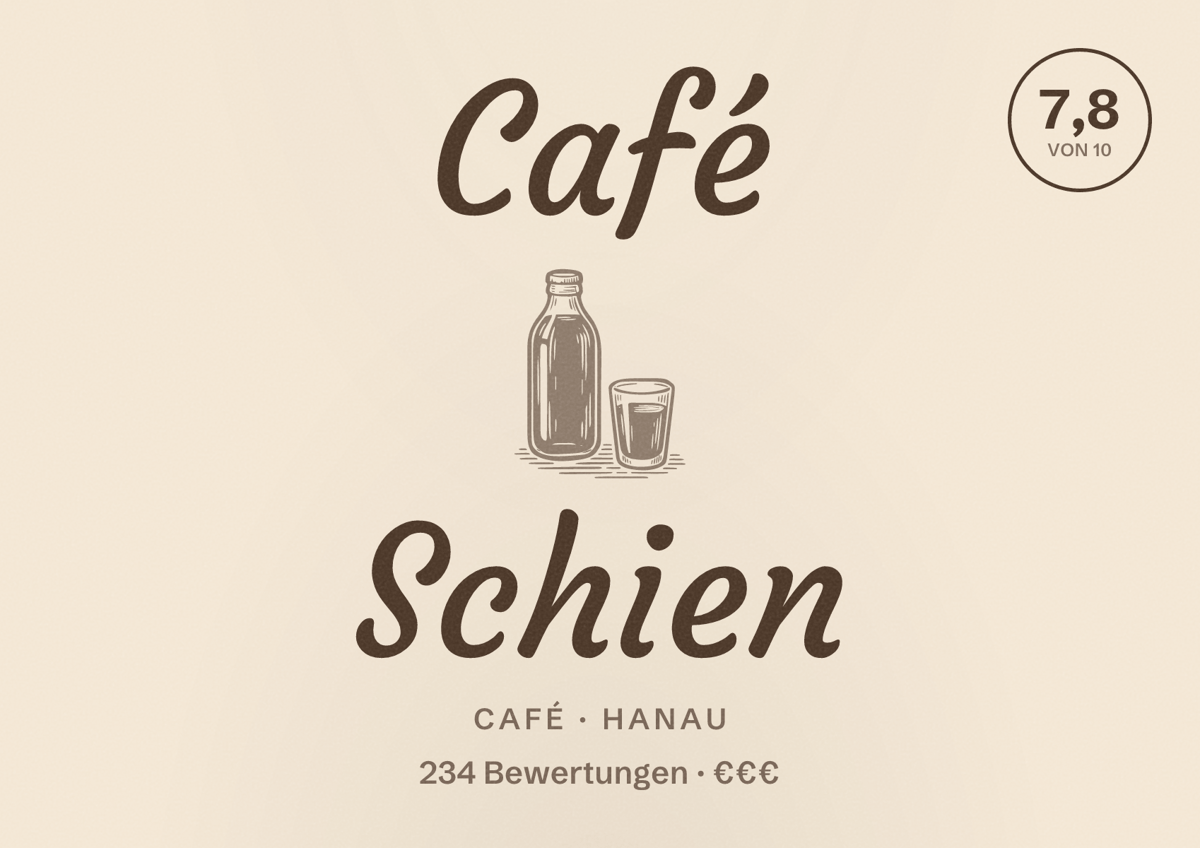 Illustriertes Poster von Café Schien, Café in Hanau: Bewertung 7,8 von 10 aus 234 Bewertungen, Preisniveau €€€