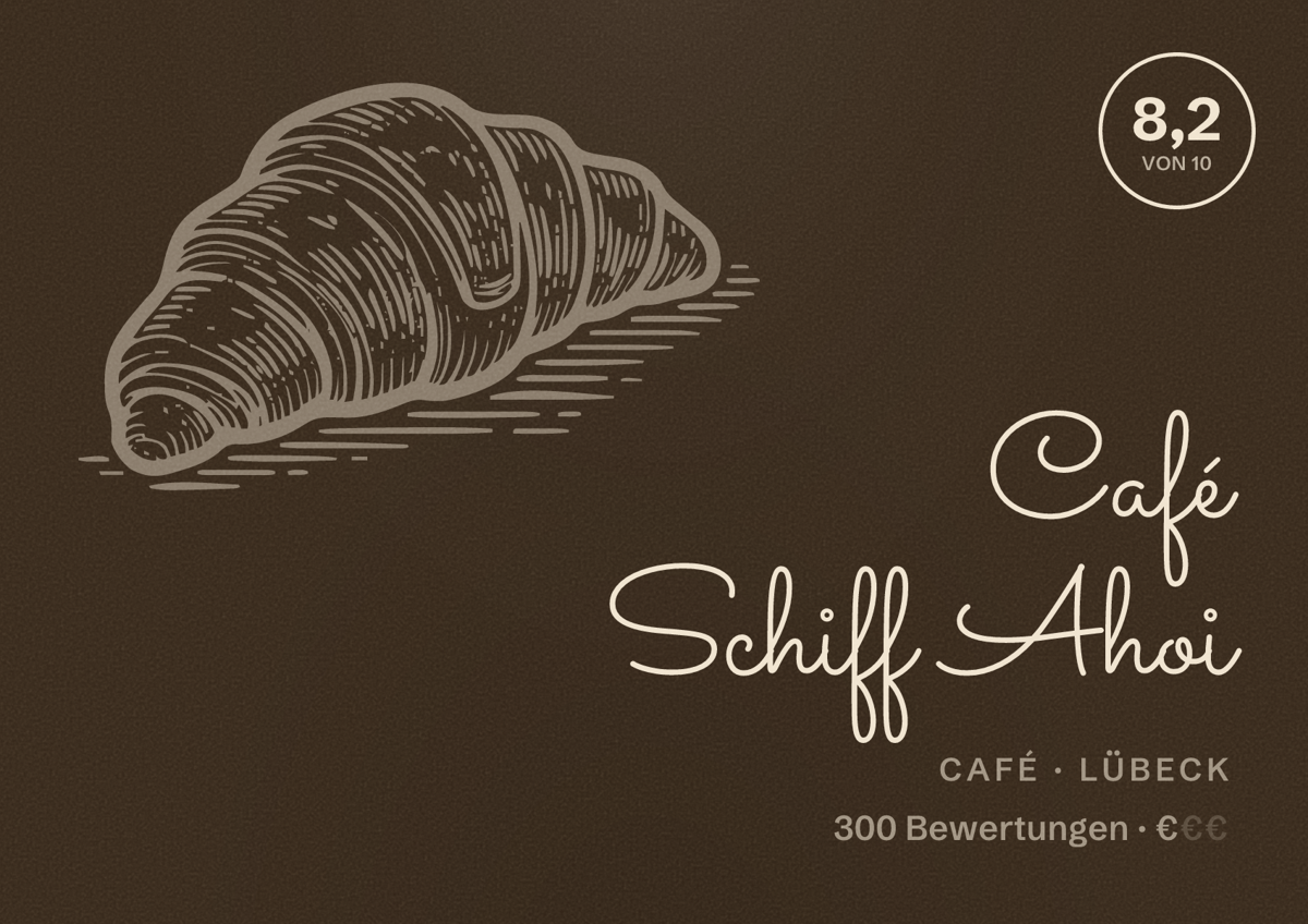 Illustriertes Poster von Café Schiff Ahoi, Café in Lübeck: Bewertung 8,2 von 10 aus 300 Bewertungen, Preisniveau €