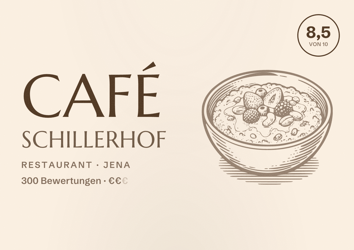 Illustriertes Poster von Café Schillerhof, Restaurant in Jena: Bewertung 8,5 von 10 aus 300 Bewertungen, Preisniveau €€
