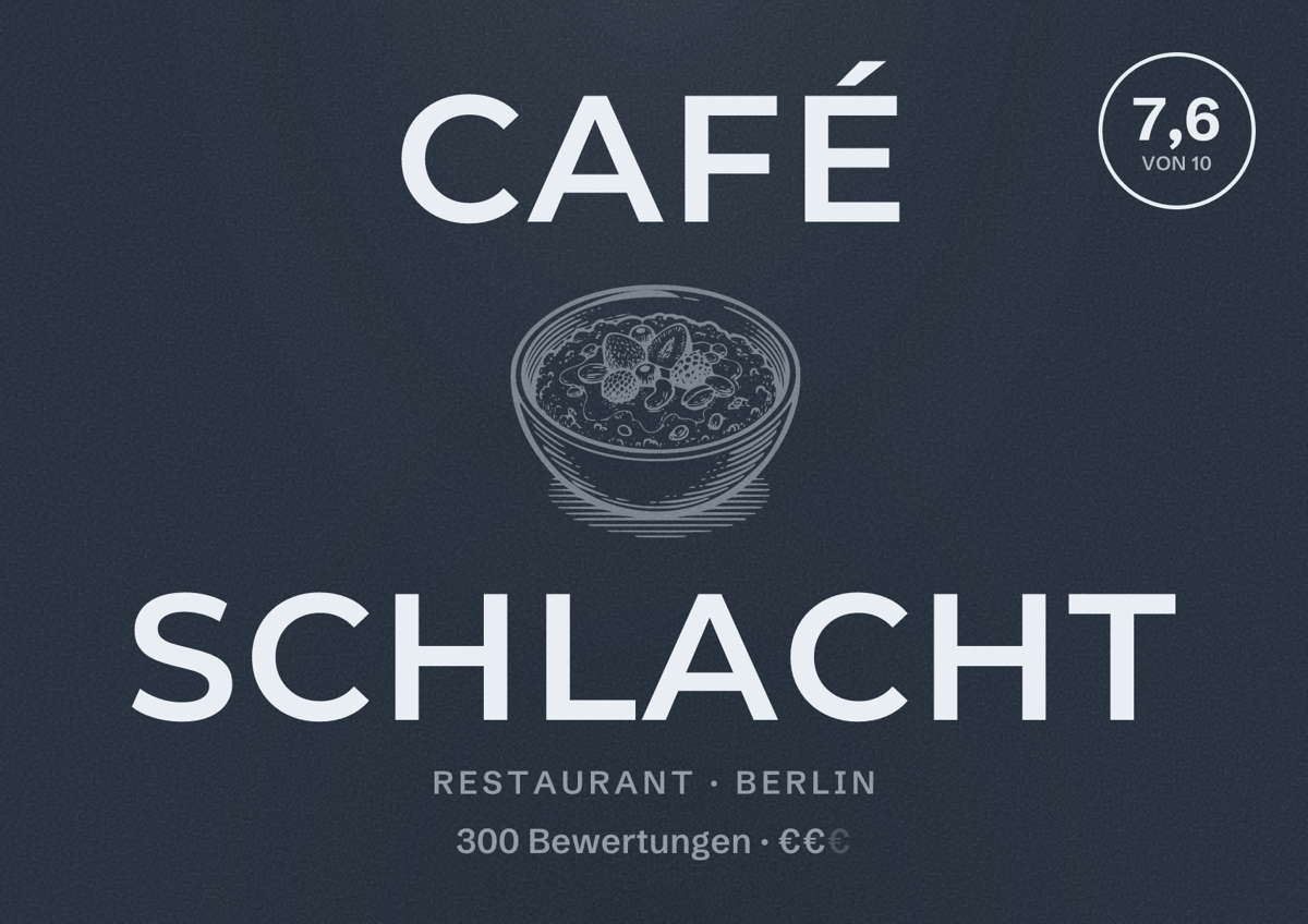 Illustriertes Poster von Café Schlacht, Restaurant in Berlin: Bewertung 7,6 von 10 aus 300 Bewertungen, Preisniveau €€