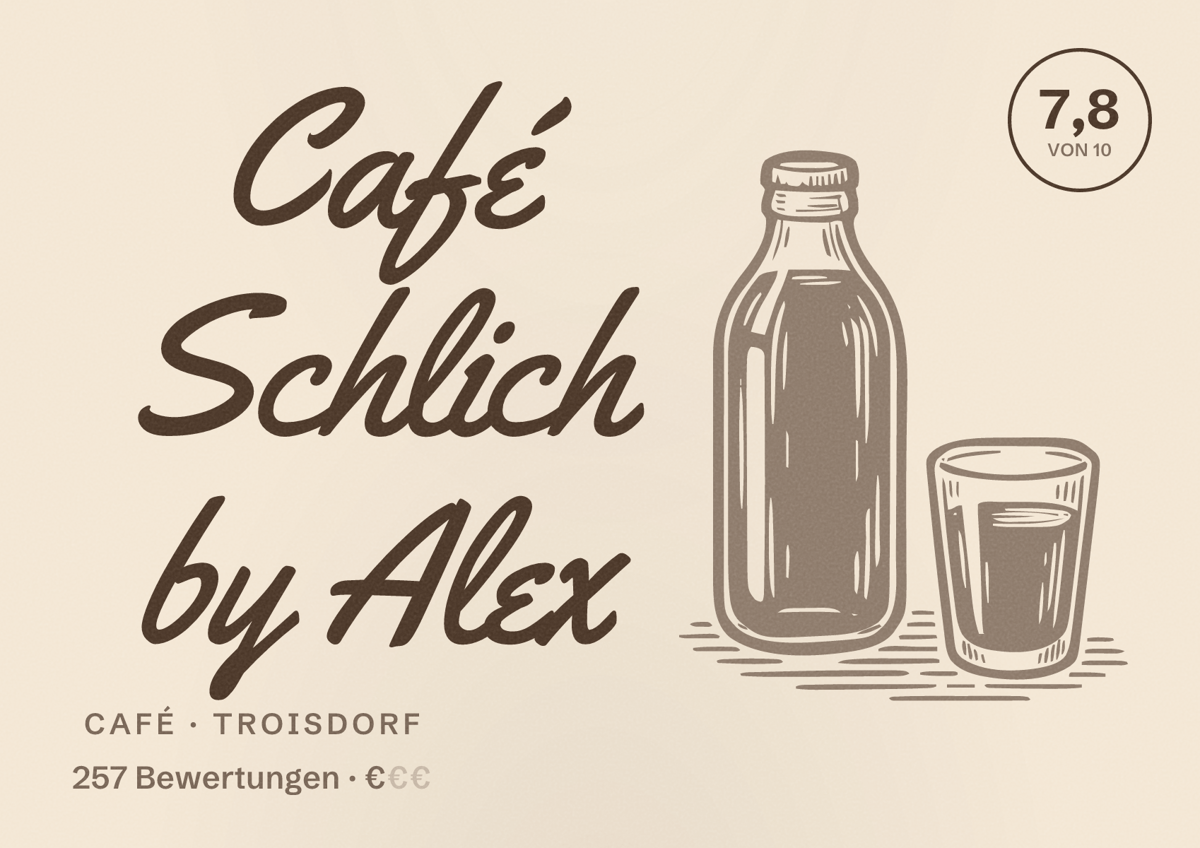 Illustriertes Poster von Café Schlich by Alex, Café in Troisdorf: Bewertung 7,8 von 10 aus 257 Bewertungen, Preisniveau €