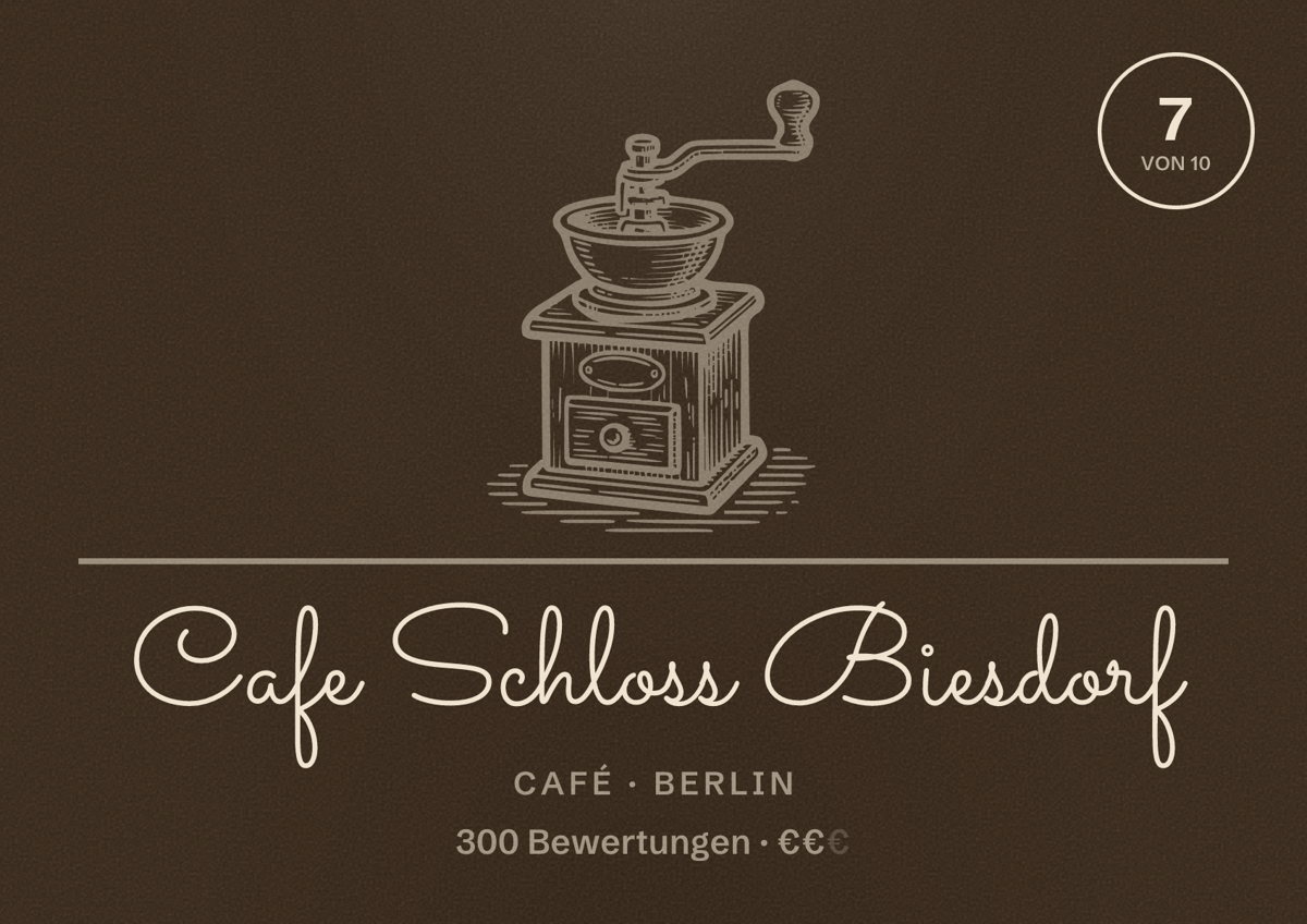 Illustriertes Poster von Cafe Schloss Biesdorf, Café in Berlin: Bewertung 7 von 10 aus 300 Bewertungen, Preisniveau €€
