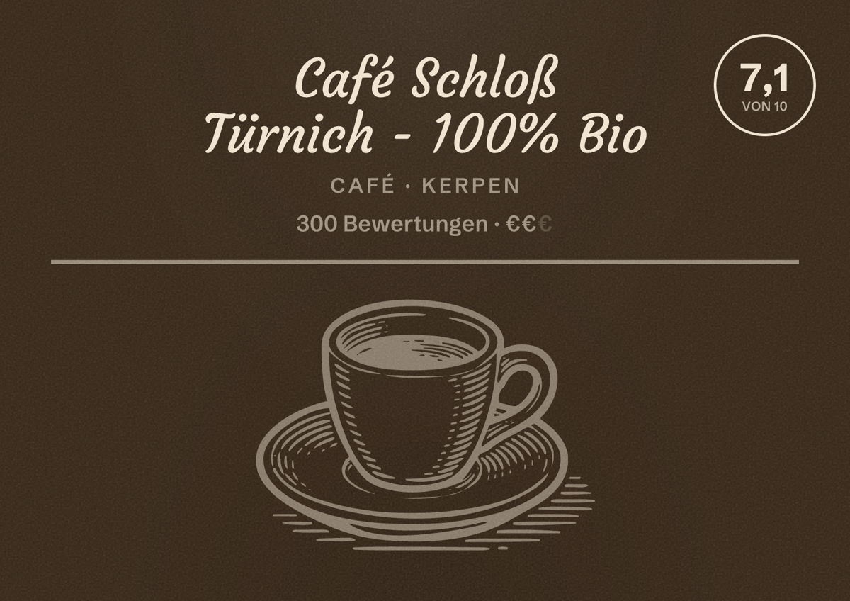 Illustriertes Poster von Café Schloß Türnich - 100% Bio, Café in Kerpen: Bewertung 7,1 von 10 aus 300 Bewertungen, Preisniveau €€