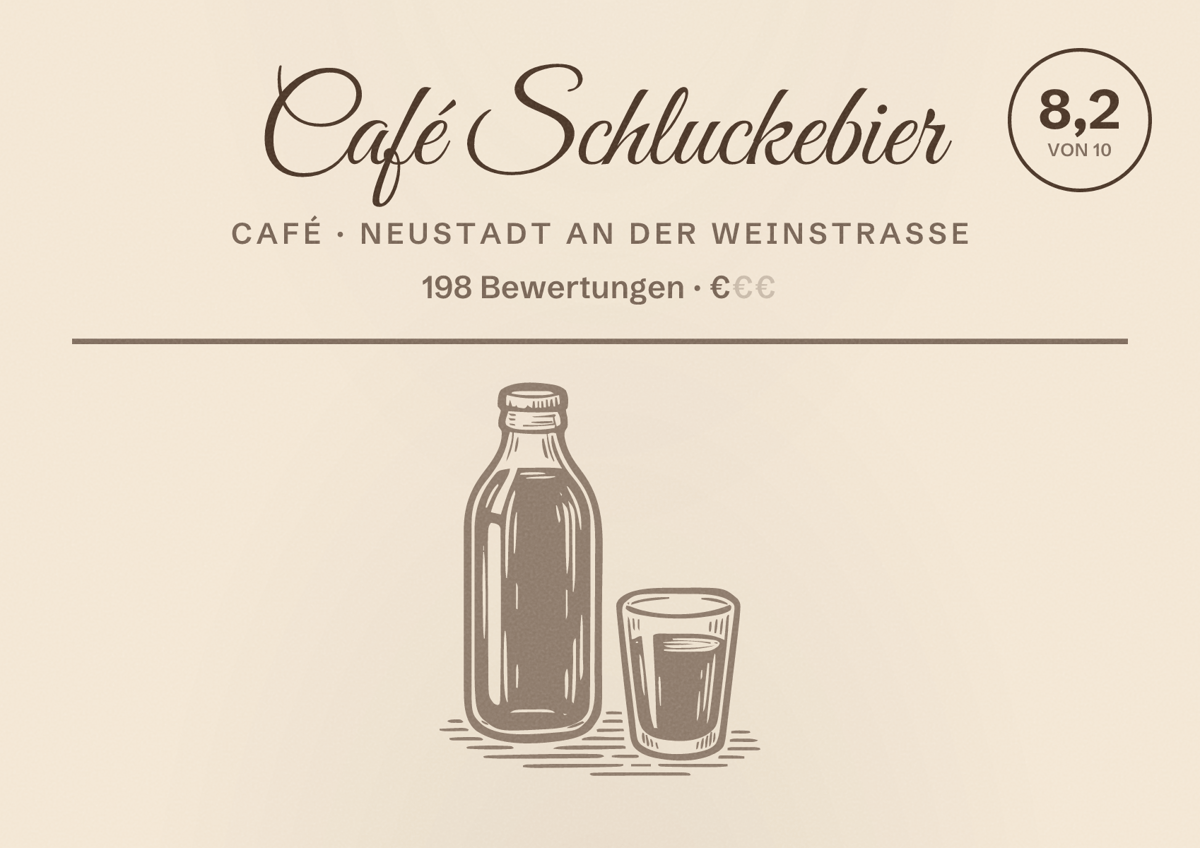 Illustriertes Poster von Café Schluckebier, Café in Neustadt an der Weinstraße: Bewertung 8,2 von 10 aus 198 Bewertungen, Preisniveau €