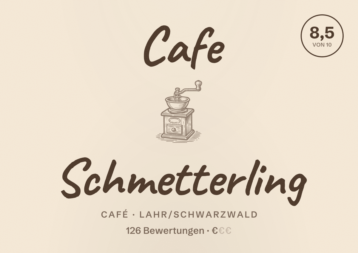Illustriertes Poster von Cafe Schmetterling, Café in Lahr/Schwarzwald: Bewertung 8,5 von 10 aus 126 Bewertungen, Preisniveau €