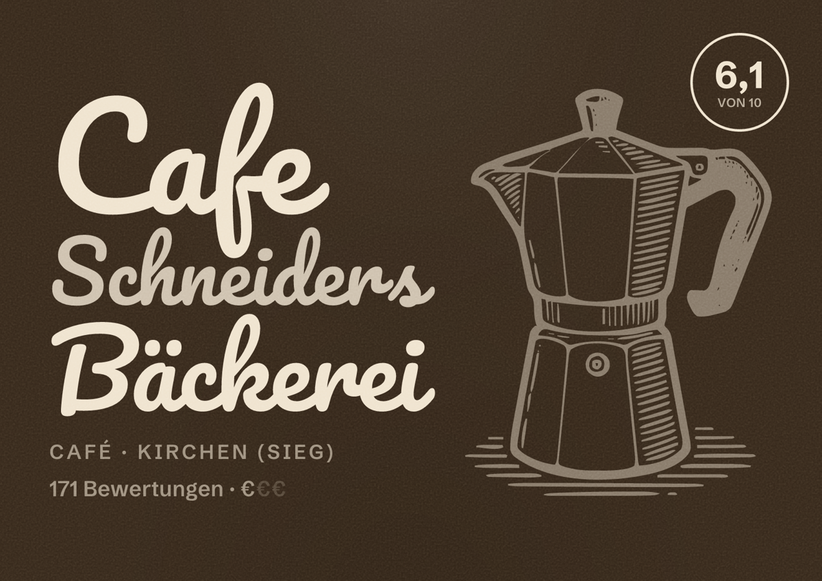 Illustriertes Poster von Cafe Schneiders Bäckerei, Café in Kirchen (Sieg): Bewertung 6,1 von 10 aus 171 Bewertungen, Preisniveau €