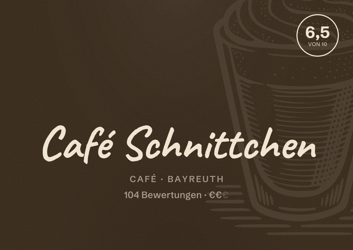 Illustriertes Poster von Café Schnittchen, Café in Bayreuth: Bewertung 6,5 von 10 aus 104 Bewertungen, Preisniveau €€