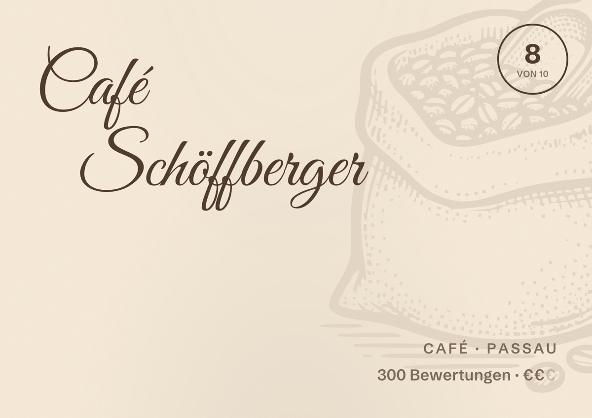 Illustriertes Poster von Café Schöffberger, Café in Passau: Bewertung 8 von 10 aus 300 Bewertungen, Preisniveau €€