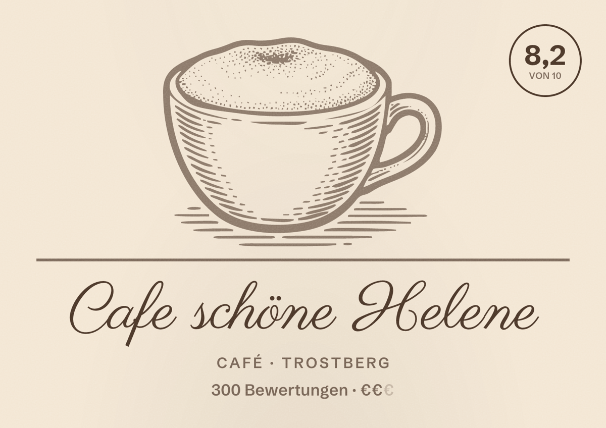 Illustriertes Poster von Cafe schöne Helene, Café in Trostberg: Bewertung 8,2 von 10 aus 300 Bewertungen, Preisniveau €€