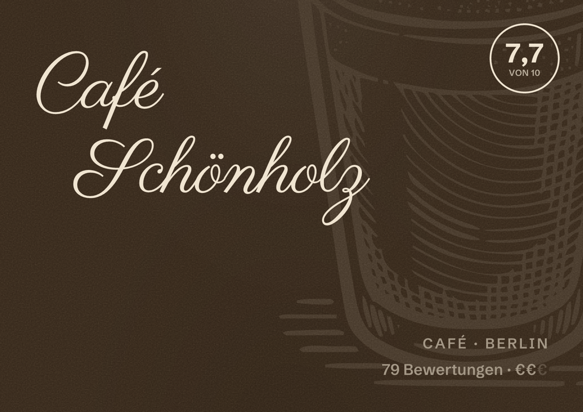Illustriertes Poster von Café Schönholz, Café in Berlin: Bewertung 7,7 von 10 aus 79 Bewertungen, Preisniveau €€