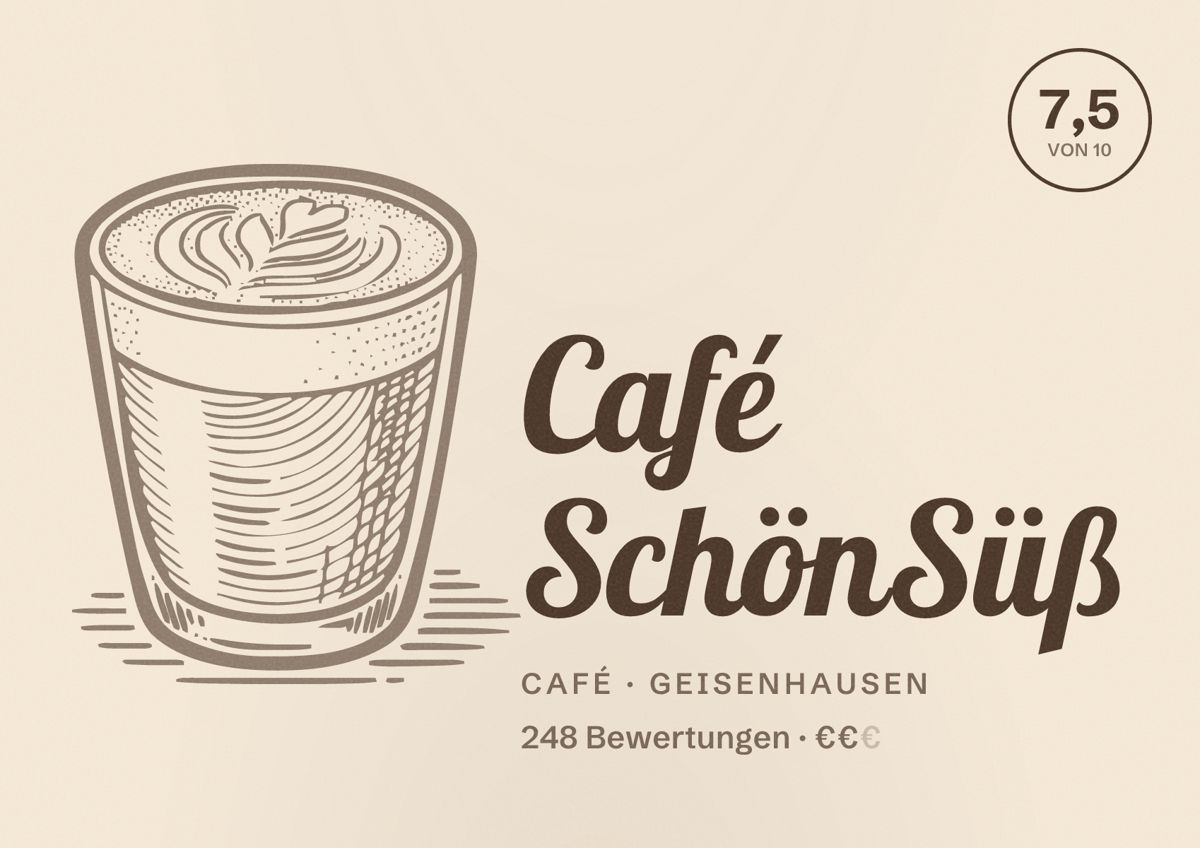 Illustriertes Poster von Café SchönSüß, Café in Geisenhausen: Bewertung 7,5 von 10 aus 248 Bewertungen, Preisniveau €€