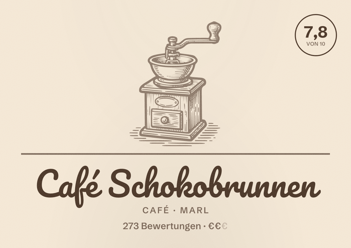 Illustriertes Poster von Café Schokobrunnen, Café in Marl: Bewertung 7,8 von 10 aus 273 Bewertungen, Preisniveau €€