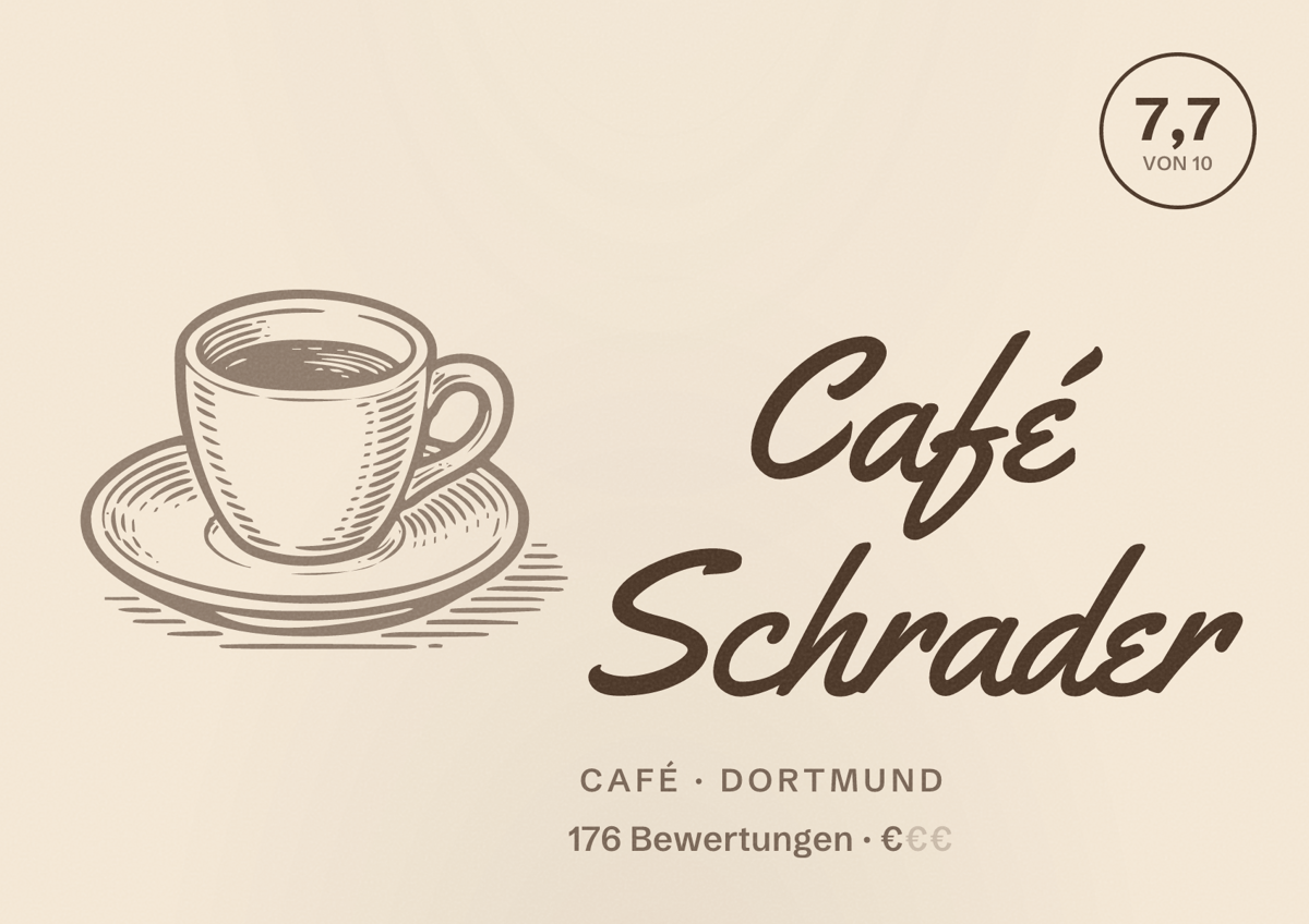 Illustriertes Poster von Café Schrader, Café in Dortmund: Bewertung 7,7 von 10 aus 176 Bewertungen, Preisniveau €