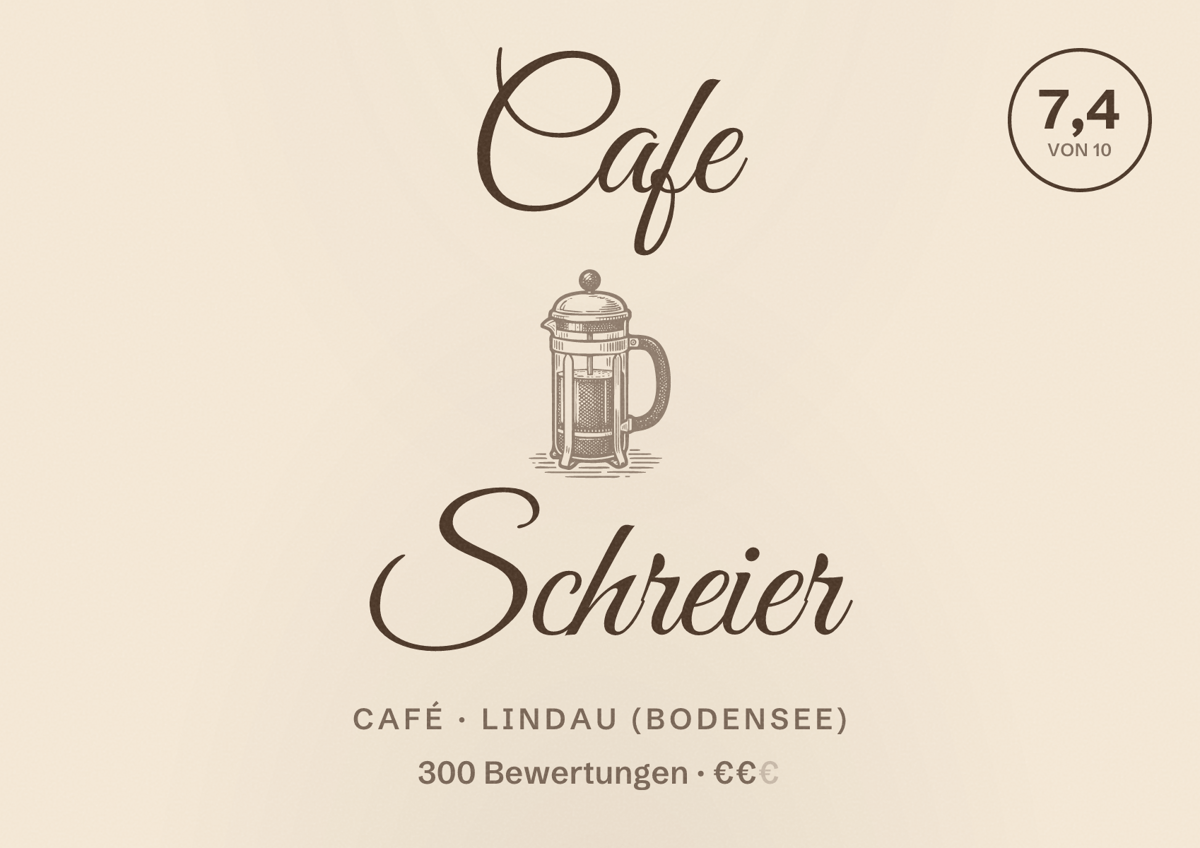 Illustriertes Poster von Cafe Schreier, Café in Lindau (Bodensee): Bewertung 7,4 von 10 aus 300 Bewertungen, Preisniveau €€